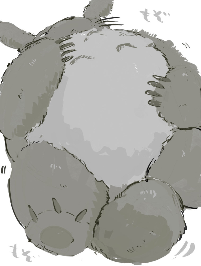 2020 absurd_res anthro belly biped buta5kawa fur ghibli grey_body grey_fur hi_res japanese_text kemono lying my_neighbor_totoro on_back overweight overweight_anthro simple_background solo text totoro white_background