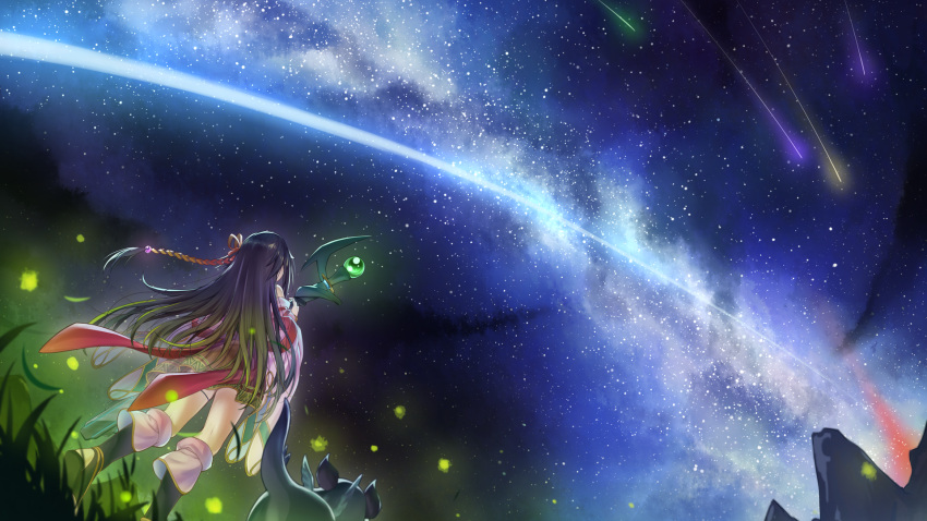 back_bow bow braid crowned_by_the_world_chalice detached_sleeves duel_monster dutch_angle female fireflies from_behind grass hair_ornament highres holding holding_staff ib_(yu-gi-oh!) kneehighs long_hair night night_sky outdoors purple_hair sandals scenery shooting_star shun_no_shun sky socks staff standing star_(sky) starry_sky world_chalice_guardragon yu-gi-oh!