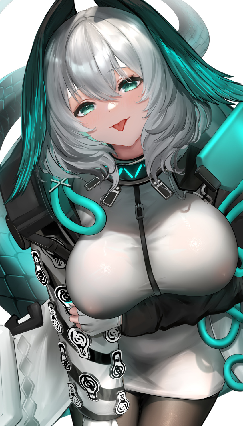 :p arknights arm_under_breasts black_pantyhose blush breasts female fingerless_gloves gloves green_eyes grey_hair highres ho'olheyak_(arknights) large_breasts liu_liaoliao long_hair long_sleeves looking_at_viewer pantyhose simple_background smile solo tail tongue tongue_out white_background white_gloves