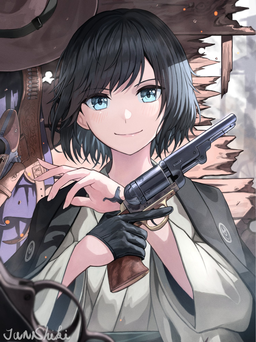 antique_firearm bandolier black_gloves black_hair blue_eyes cartridge character_request check_character closed_mouth colt_1851_navy female gloves gun half_gloves handgun hat highres holding holding_weapon japanese_clothes junshiki looking_at_viewer original revolver short_hair signature single_glove smile solo unworn_headwear upper_body weapon wood