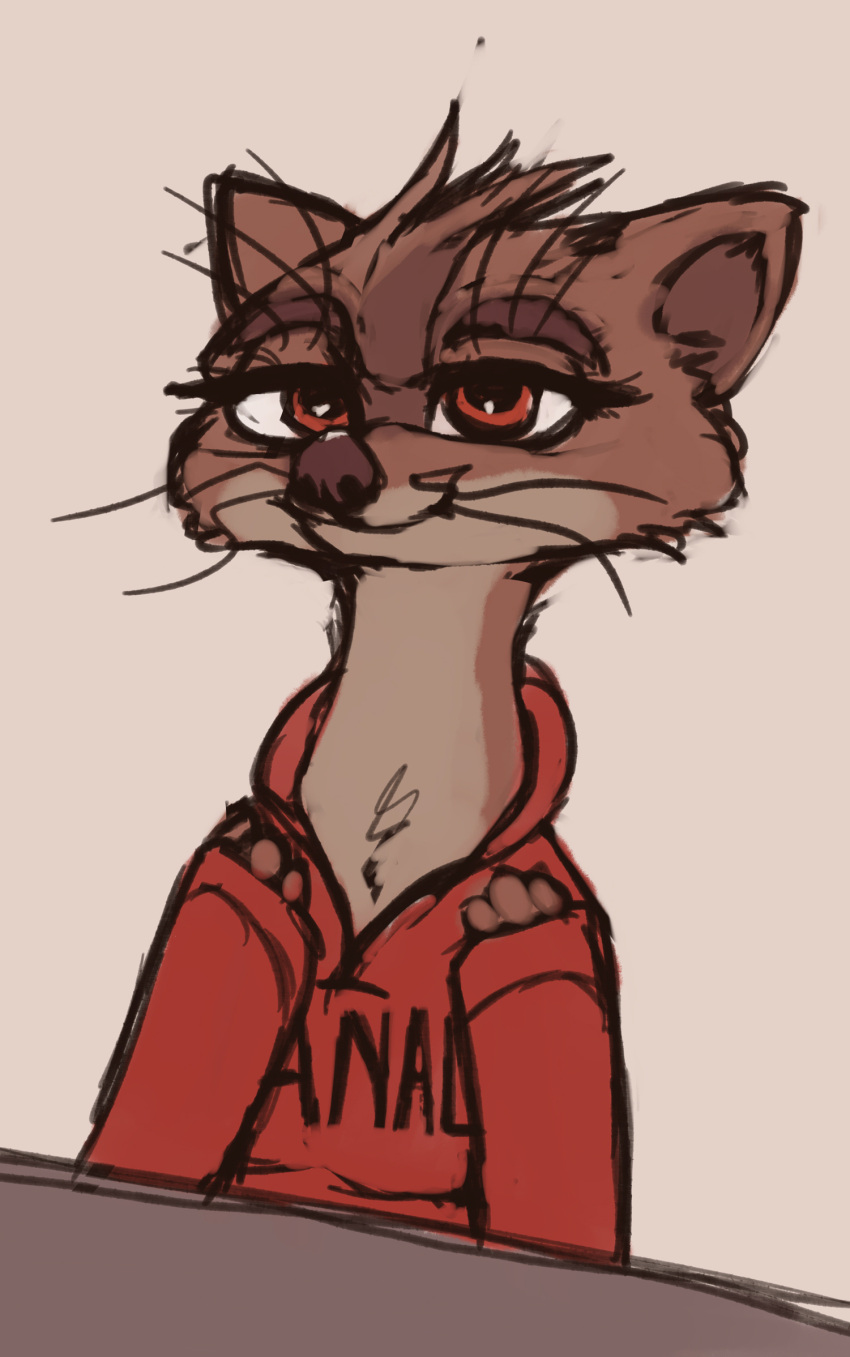 ambiguous_gender anthro brown_body brown_fur clothing famished_(artist) fur hi_res hoodie looking_at_viewer mammal meme mustelid musteline orange_eyes simple_background solo topwear true_musteline weasel