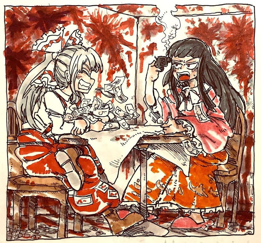 2girls blood blood_on_wall chair crossed_legs fujiwara_no_mokou gun_to_head highres holding holding_money houraisan_kaguya md5_mismatch money morisshii_(morishiey) multiple_girls russian_roulette smoke_trail table touhou traditional_media