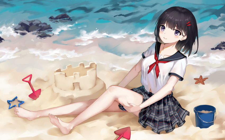 .l.l absurdres bad_id bad_pixiv_id barefoot beach black_hair black_sailor_collar blush breasts bucket closed_mouth collarbone day eyebrows_hidden_by_hair female grey_skirt hair_ornament hairclip highres knee_up looking_at_viewer neckerchief on_ground original outdoors plaid plaid_skirt pleated_skirt purple_eyes red_neckerchief sailor_collar sand sand_castle sand_sculpture school_uniform serafuku short_sleeves sitting skirt small_breasts smile solo starfish trowel water waves