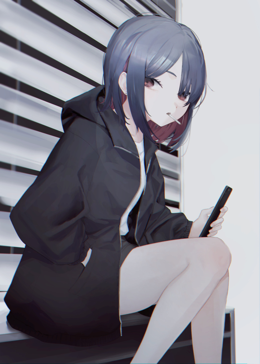 bare_legs black_jacket blue_hair cigarette colored_inner_hair controller female from_side grey_skirt hand_in_pocket highres holding holding_remote_control hood hooded_jacket jacket looking_at_viewer looking_to_the_side medium_hair migihidari_(puwako) miniskirt mouth_hold multicolored_hair open_clothes open_jacket original red_eyes remote_control shirt sitting skirt smoking solo two-tone_hair white_shirt window_blinds