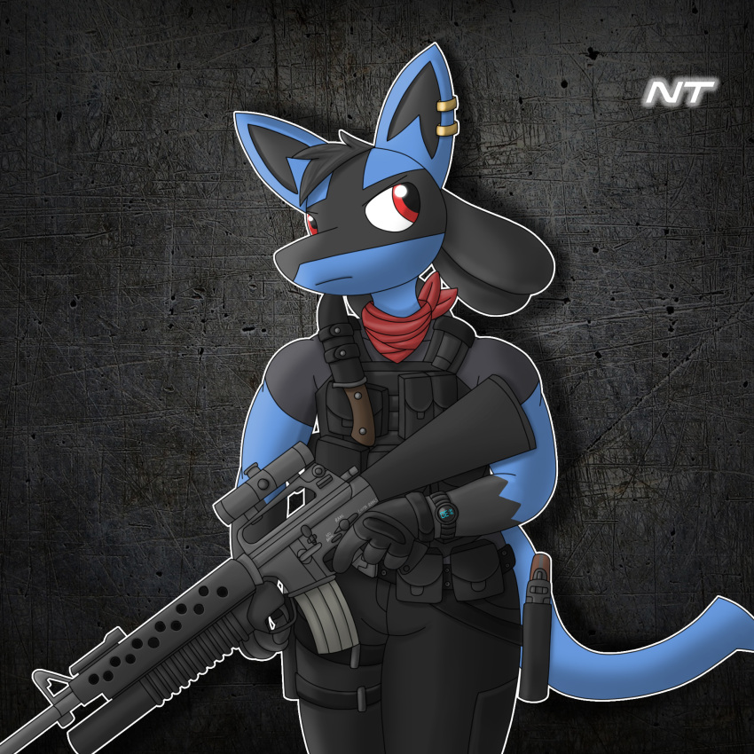 1:1 anthro assault_rifle black_body blue_body blue_fur bulletproof_vest canid canine clock clothing confident ear_piercing ear_ring fingerless_gloves fur generation_4_pokemon gloves grenade_launcher gun hair handgun handwear head_tuft hi_res holding_gun holding_object holding_ranged_weapon holding_weapon holster knife looking_back lucario male mammal ninjatreecko nintendo piercing pokemon pokemon_(species) ranged_weapon red_eyes rifle ring_piercing scarf scope solo standing tactical_gear tuft walking watch weapon zane_aurastar