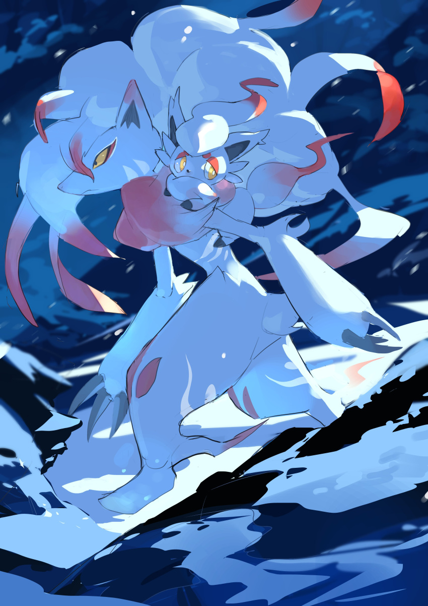 absurdres claws closed_mouth commentary_request evolutionary_line from_side highres hisuian_zoroark hisuian_zorua night outdoors pokemon pokemon_(creature) snow standing tapioka_chaso yellow_eyes