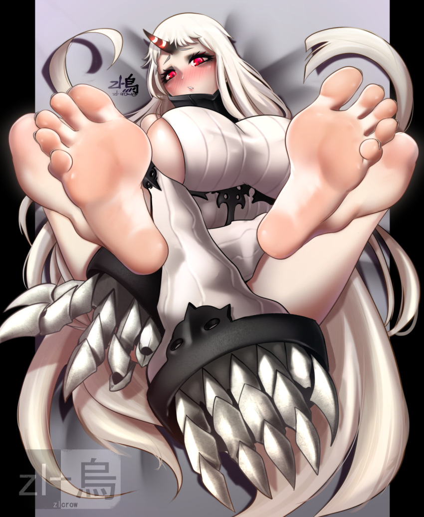 abyssal_ship artist_logo artist_name bare_legs barefoot bed_sheet blush breasts claws commentary commission covering_crotch covering_privates dorsiflexion english_commentary eyelashes feet feet_up female foot_focus from_above full_body highres horns huge_breasts kantai_collection knees_up long_hair long_sleeves lying on_back pink_eyes ribbed_sweater seaport_princess shadow sideboob single_horn sleeves_past_wrists soles solo spread_toes sweater toenails toes turtleneck very_long_hair watermark white_hair zl-crow_red