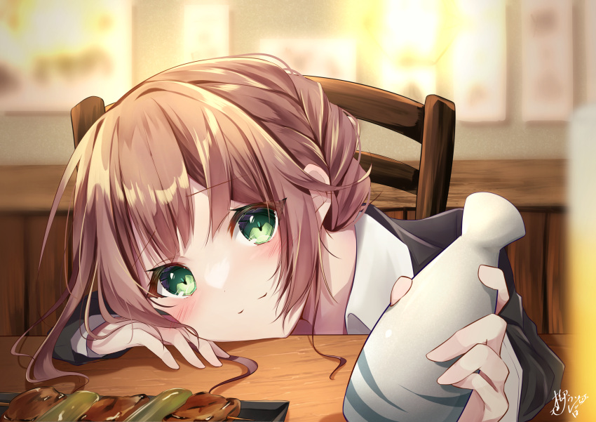 absurdres alcohol blurry blurry_background brown_hair chair female formal green_eyes head_on_table head_rest highres indoors izakaya looking_at_viewer making-of_available office_lady original sake sitting skewer solo suit table yanagi_uraba