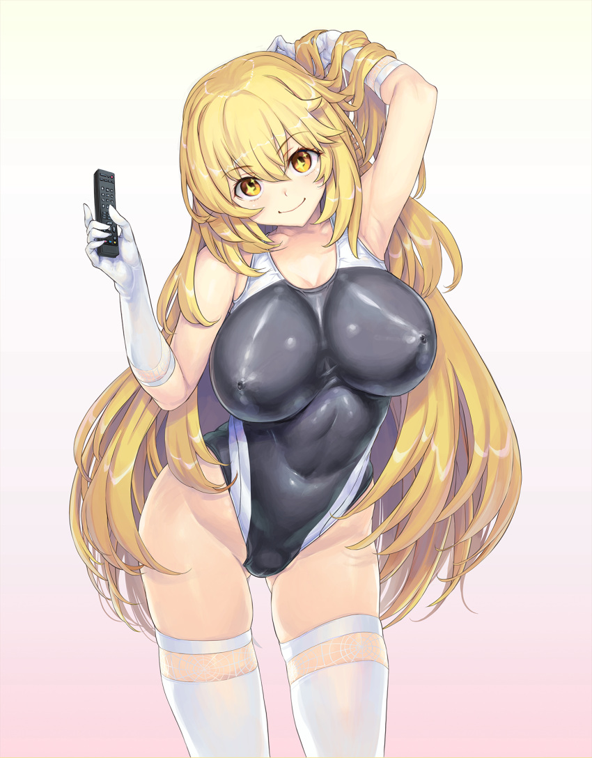 arm_up ass_visible_through_thighs bare_hips bare_shoulders black_one-piece_swimsuit blonde_hair breasts closed_mouth commission competition_swimsuit controller covered_navel covered_nipples elbow_gloves feet_out_of_frame female gloves gradient_background hair_between_eyes hand_up highleg highleg_swimsuit highres holding holding_remote_control impossible_clothes impossible_swimsuit kiyama_satoshi lace-trimmed_gloves lace_trim large_breasts long_hair looking_at_viewer multicolored_clothes multicolored_swimsuit one-piece_swimsuit pink_background remote_control shokuhou_misaki skindentation smile solo sparkling_eyes spider_web_print standing swimsuit symbol-shaped_pupils thighhighs thighs toaru_kagaku_no_mental_out toaru_kagaku_no_railgun toaru_majutsu_no_index tokiwadai_school_swimsuit two-tone_one-piece_swimsuit two-tone_swimsuit very_long_hair white_background white_gloves white_thighhighs yellow_eyes