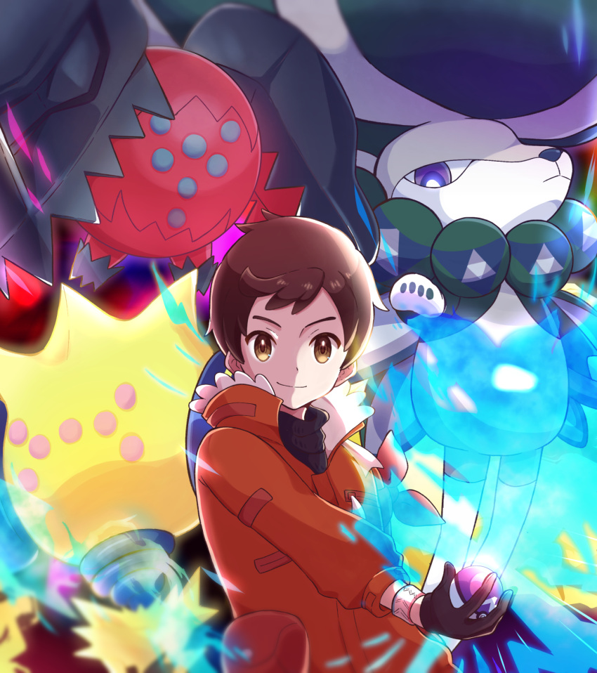 1boy bad_id bad_pixiv_id brown_eyes brown_hair calyrex closed_mouth commentary_request dynamax_band energy expedition_uniform haru_(haruxxe) highres holding holding_poke_ball jacket male_focus master_ball orange_jacket poke_ball pokemon pokemon_(creature) pokemon_swsh regidrago regieleki short_hair smile victor_(pokemon)