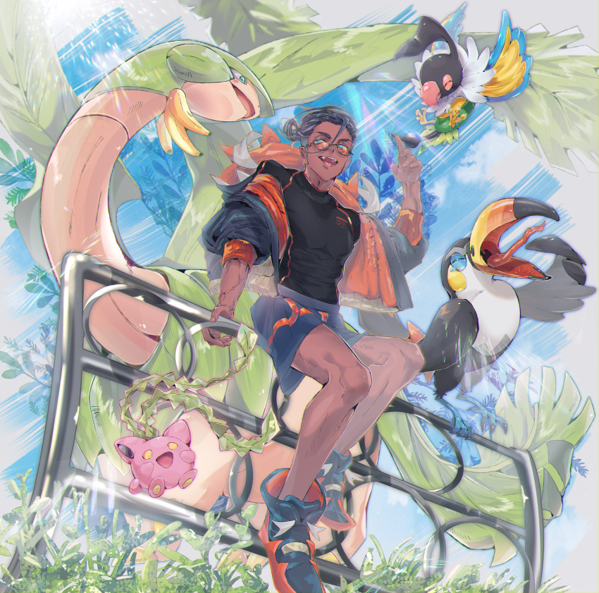 1boy absurdres banana black_hair black_shirt blue_eyes chatot commentary_request dark-skinned_male dark_skin earrings eyelashes fence food fruit highres holding hood hoodie hoppip jewelry knees lailu male_focus open_clothes open_hoodie open_mouth orange-tinted_eyewear outdoors pokemon pokemon_(creature) pokemon_swsh raihan_(pokemon) shirt shoes short_hair shorts sitting sunglasses teeth tinted_eyewear tongue toucannon tropius undercut