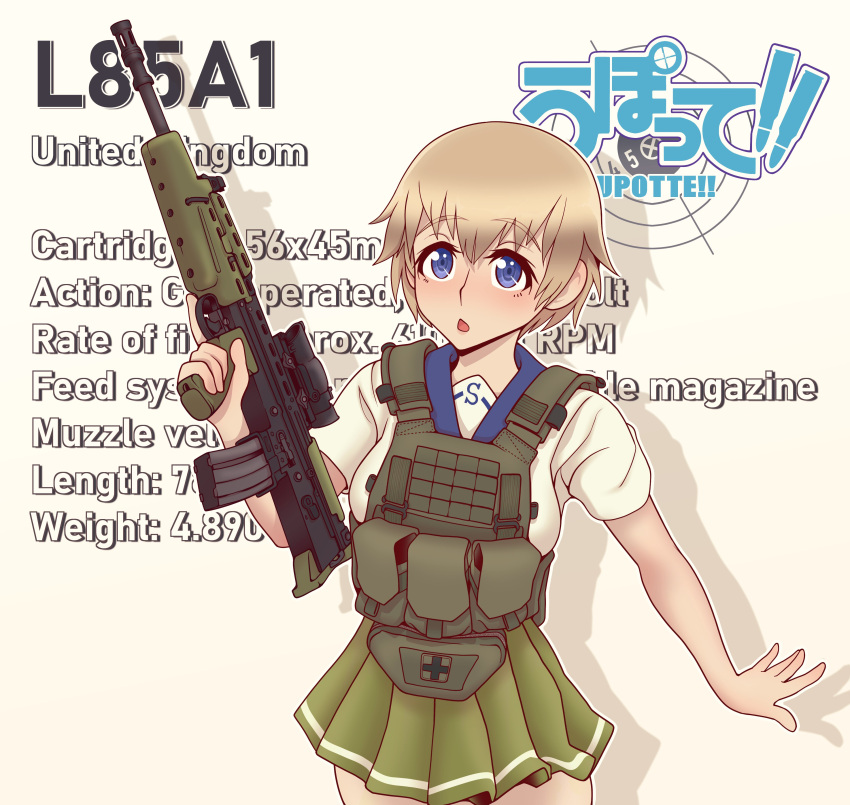 absurdres assault_rifle blonde_hair blue_eyes blush bullpup character_name chest_rig copyright_name cowboy_shot english_text female gun hair_between_eyes highres l85 l85a1_(upotte!!) rifle school_uniform serafuku short_hair solo upotte!! weapon willy_pete