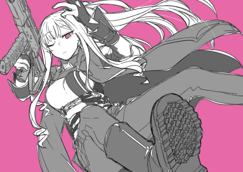 ak-12 ak-12_(girls'_frontline) assault_rifle boots breasts female fingerless_gloves girls'_frontline gloves greyscale_with_colored_background gun holding holding_gun holding_weapon jacket kalashnikov_rifle large_breasts long_hair monochrome nakiusagi one_eye_closed pants pink_background pink_eyes rifle shoe_soles simple_background solo spot_color weapon