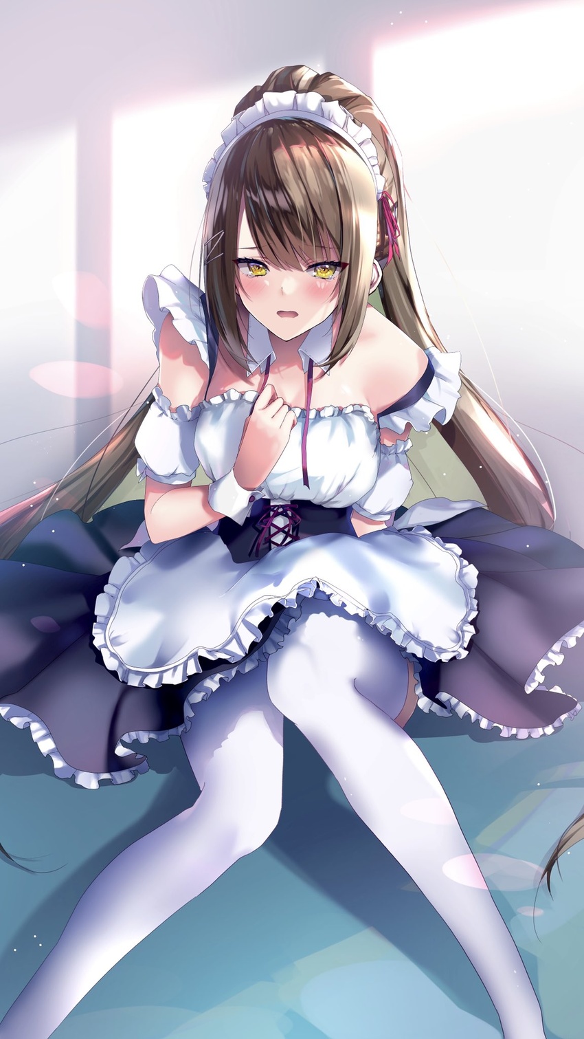 apron asymmetrical_bangs bare_shoulders blush breasts brown_hair chabashira_sae commentary detached_collar detached_sleeves female highres large_breasts long_hair looking_at_viewer loose_neck_ribbon maid maid_apron maid_headdress neck_ribbon open_mouth ponytail red_ribbon ribbon ryo_utomiya short_sleeves simple_background sitting solo tearing_up thighhighs very_long_hair white_thighhighs yellow_eyes youkoso_jitsuryoku_shijou_shugi_no_kyoushitsu_e