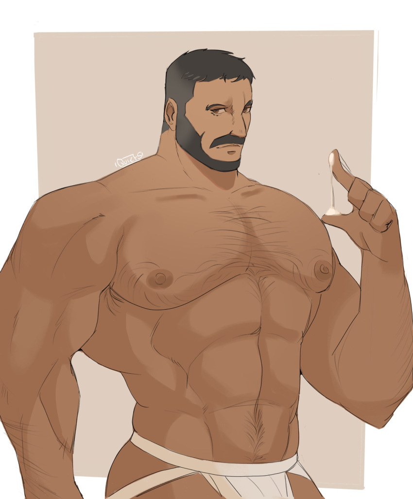 1boy abs alternate_pectoral_size bara beard bulge buzz_cut castlevania:_nocturne castlevania_(series) cowboy_shot cum cum_string dark-skinned_male dark_skin facial_hair hand_up highres huge_pectorals male_focus male_underwear mature_male mizrak_(castlevania) moustache muscular muscular_male navel navel_hair nipples pectorals quietscrappy sanpaku short_hair sideways_glance solo sparse_chest_hair stomach striped_male_underwear strongman_waist thick_eyebrows thick_mustache thick_neck underwear very_short_hair white_male_underwear