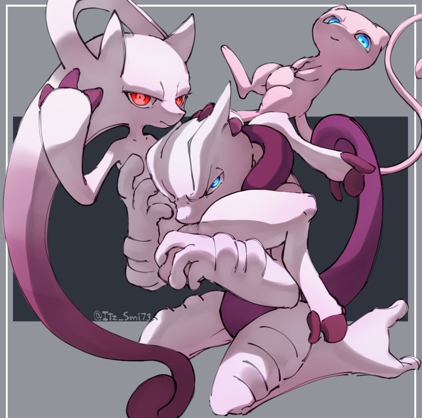 blue_eyes carrying_another generation_1_pokemon generation_6_pokemon group itz_smi73 legendary_pokemon looking_at_viewer mega_evolution mega_mewtwo mega_mewtwo_x mega_mewtwo_y mew_(pokemon) nintendo pink_body pokemon pokemon_(species) pose red_eyes simple_background tail trio white_body