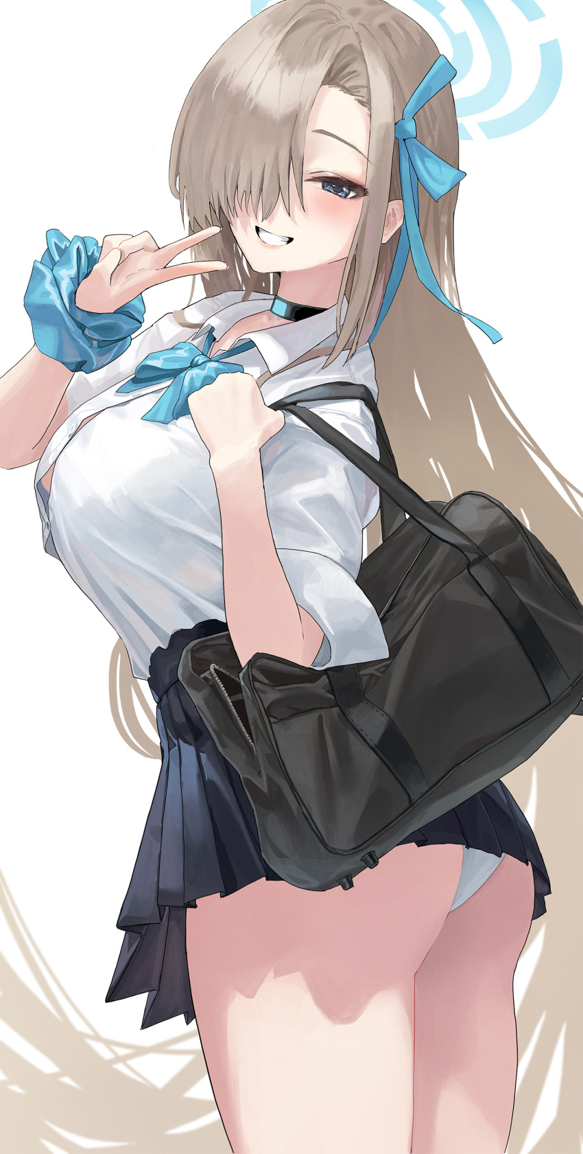 :d absurdly_long_hair absurdres ass asuna_(blue_archive) asymmetrical_bangs bag black_choker black_skirt blonde_hair blue_archive bow bowtie breasts button_gap choker female grin hair_over_one_eye half-closed_eyes halo highres large_breasts long_hair looking_at_viewer looking_back loose_bowtie miniskirt one_eye_covered panties pantyshot pleated_skirt school_bag school_uniform scrunchie serie_niai shirt simple_background skirt skirt_rolled_up smile solo underbutt underwear v very_long_hair white_panties white_shirt wrist_scrunchie