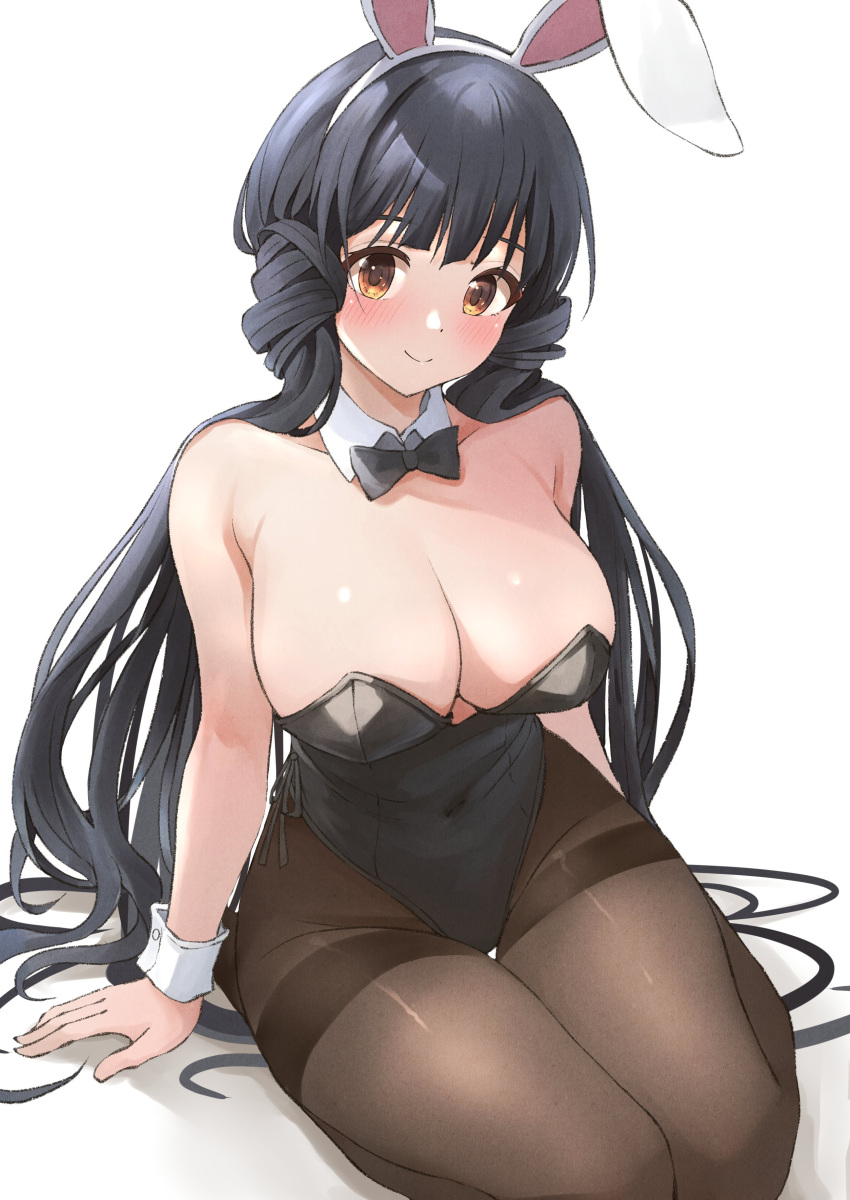 absurdres animal_ears b1ack_illust black_hair black_leotard breasts brown_eyes commentary_request covered_navel detached_collar fake_animal_ears female highres idolmaster idolmaster_million_live! idolmaster_million_live!_theater_days kitakami_reika large_breasts leotard long_hair looking_at_viewer pantyhose playboy_bunny rabbit_ears seiza sitting solo strapless strapless_leotard twintails wrist_cuffs