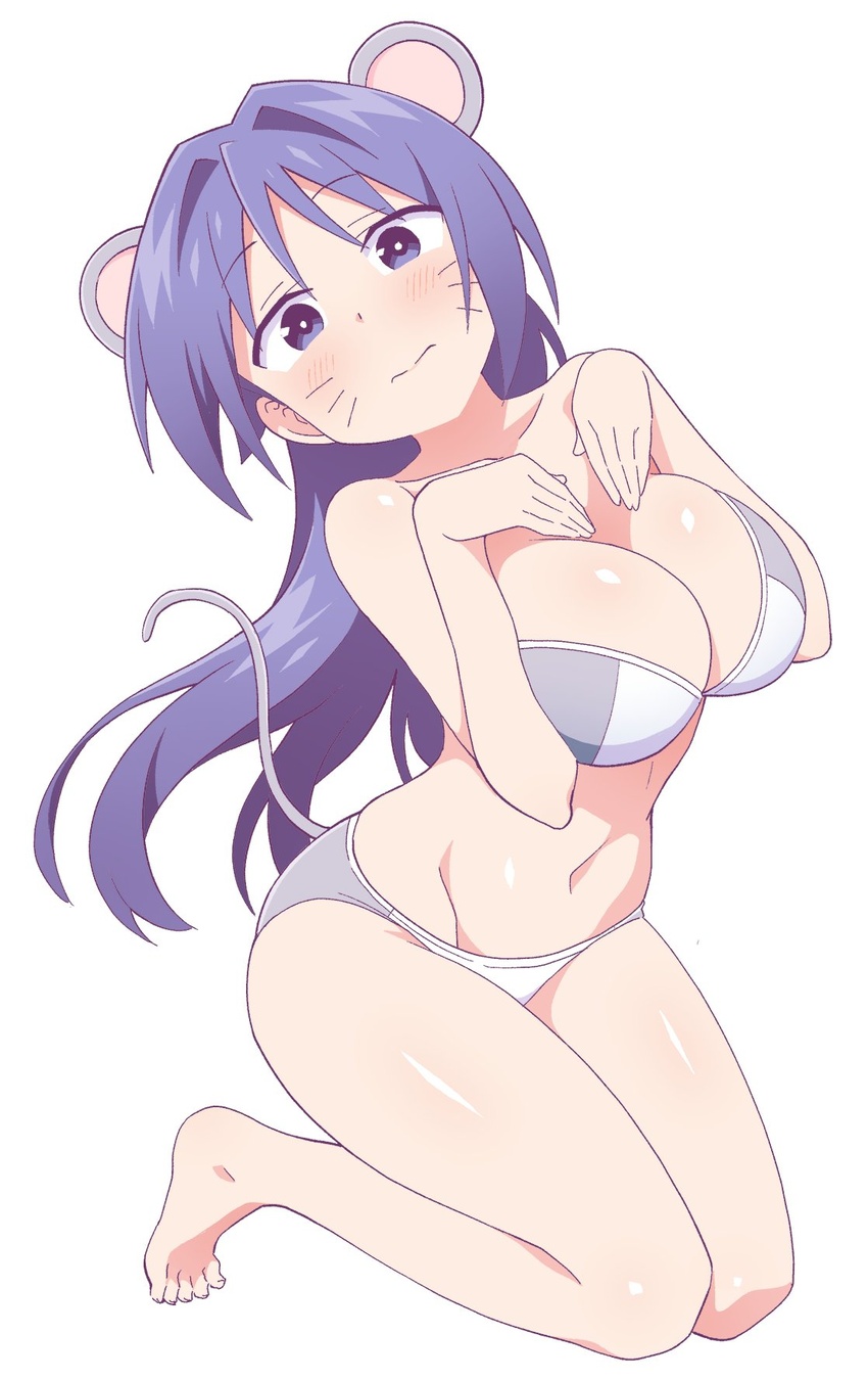 anbe_masahiro animal_ears atsumare!_fushigi_kenkyuubu barefoot bikini blue_eyes blue_hair blush breasts cleavage closed_mouth commentary_request facial_mark female frown full_body highres kneeling large_breasts long_hair looking_at_viewer mouse_ears mouse_tail navel oohara_kotone simple_background solo swimsuit tail whisker_markings white_background white_bikini