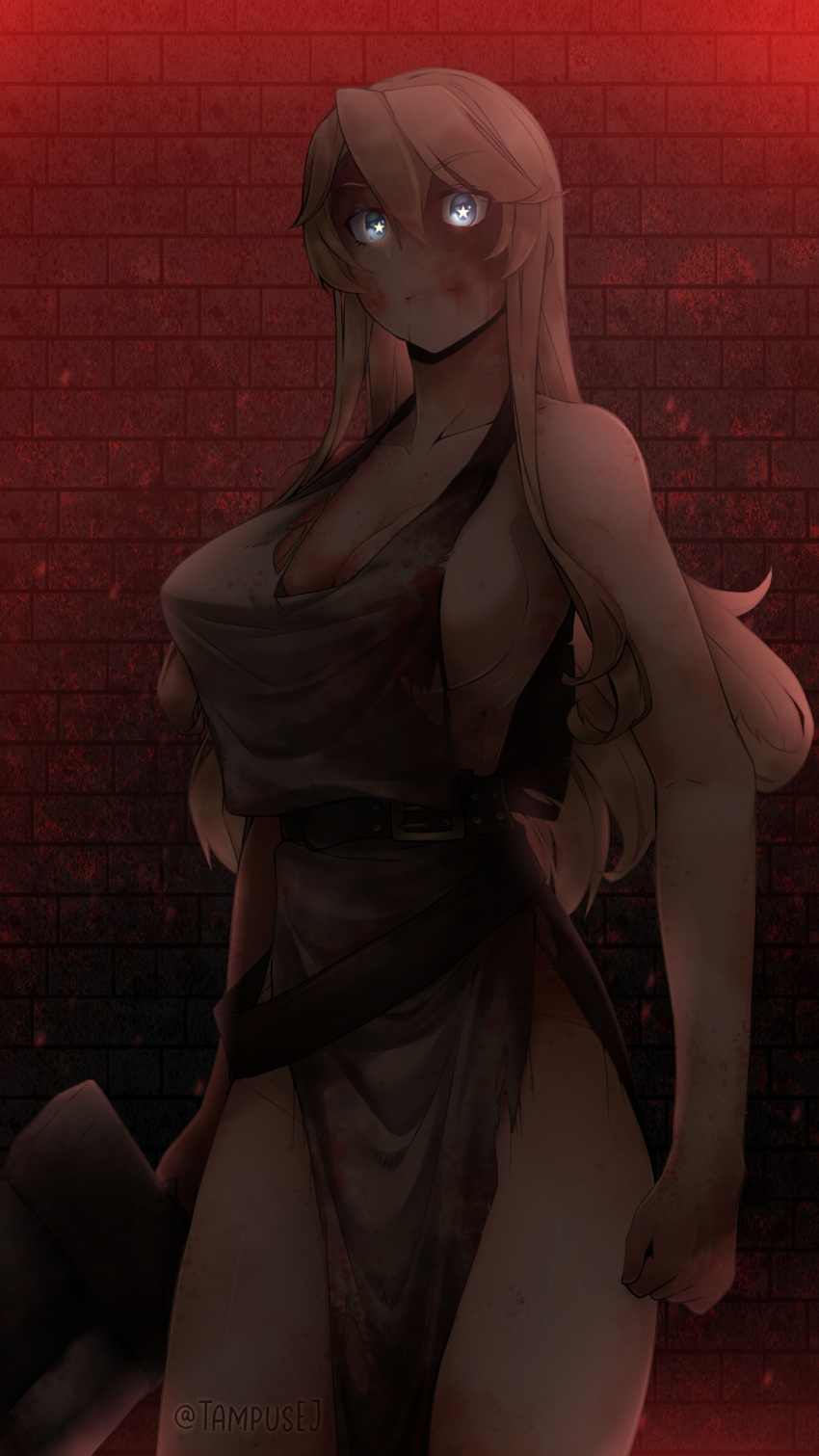 blonde_hair blue_eyes breasts brown_robe commentary cosplay english_commentary female glowing glowing_eyes highres iowa_(kancolle) kantai_collection kazaharu_matsuhata large_breasts long_hair naked_robe pyramid_head pyramid_head_(cosplay) robe silent_hill_(series) sleeveless solo standing star-shaped_pupils star_(symbol) symbol-shaped_pupils twitter_username very_long_hair