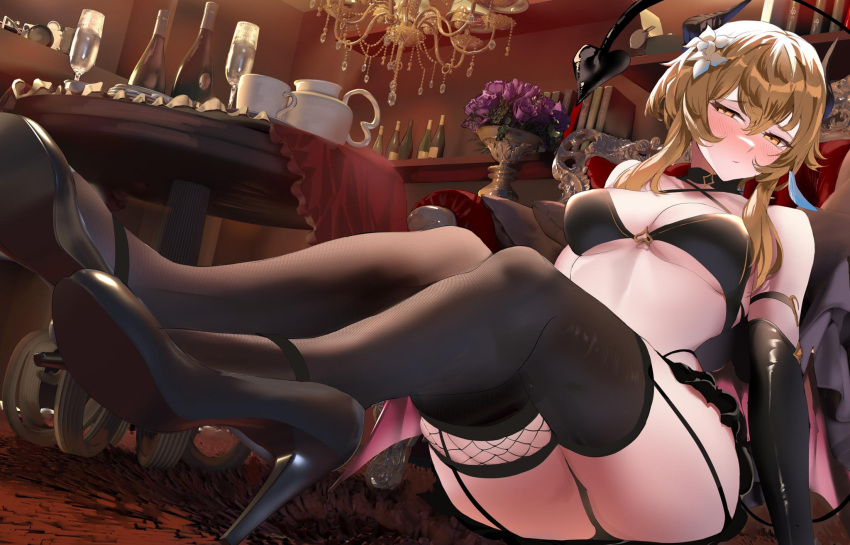 ass bad_id bad_pixiv_id black_bra black_gloves black_panties blonde_hair blush bottle bra breasts chair cleavage cup demon_girl demon_tail drinking_glass elbow_gloves female flower foreshortening garter_belt genshin_impact gloves hair_ornament high_heels highres indoors lamp legs lumine_(genshin_impact) panties pumps shiben_(ugvu5784) sidelocks solo table tail underwear wine_bottle yellow_eyes