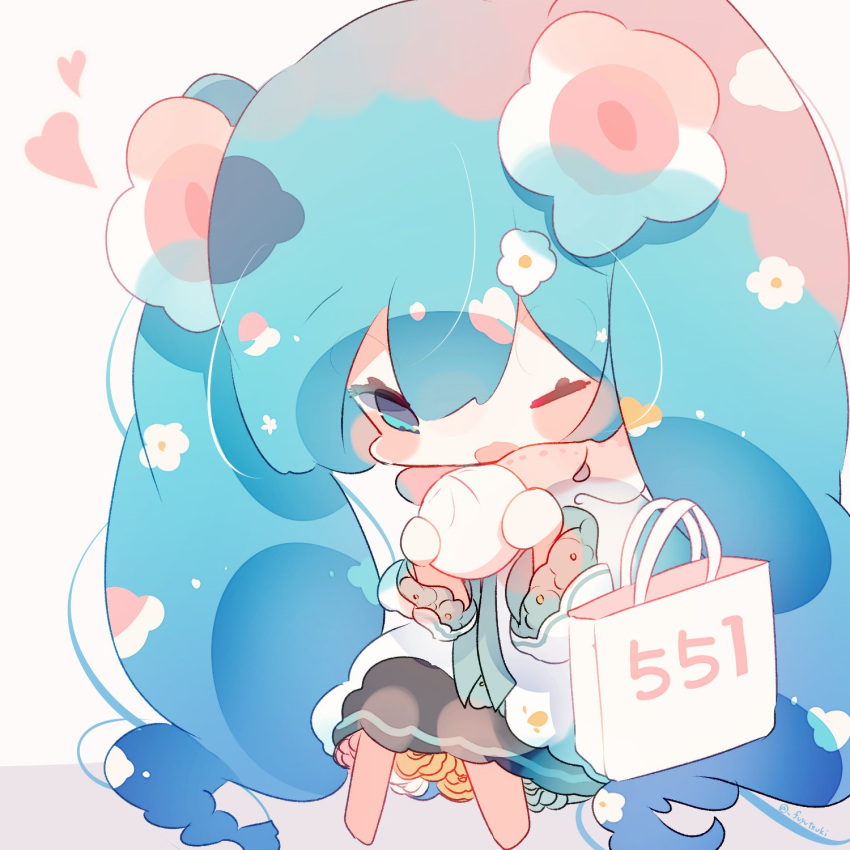 aqua_flower bag baozi black_skirt blue_eyes blue_hair blush_stickers capelet chibi commentary dress eating female flower flower_underskirt food fuyuzuki_gato hair_flower hair_ornament hatsune_miku highres holding holding_food long_hair magical_mirai_(vocaloid) magical_mirai_miku magical_mirai_miku_(2021) one_eye_closed open_mouth orange_flower shopping_bag sitting skirt solo twintails very_long_hair vocaloid white_dress white_flower