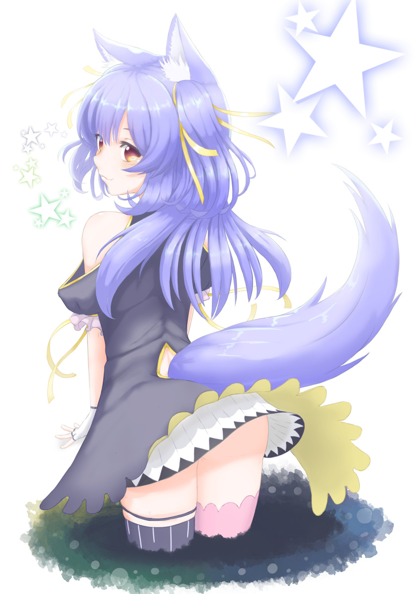 .live absurdres animal_ears bad_id bad_twitter_id commentary_request female fingerless_gloves gloves hair_ornament highres kin0_0z long_hair looking_at_viewer looking_back orange_eyes purple_hair rurun_rururica simple_background star_(symbol) tail thighhighs virtual_youtuber white_background wolf_ears wolf_tail