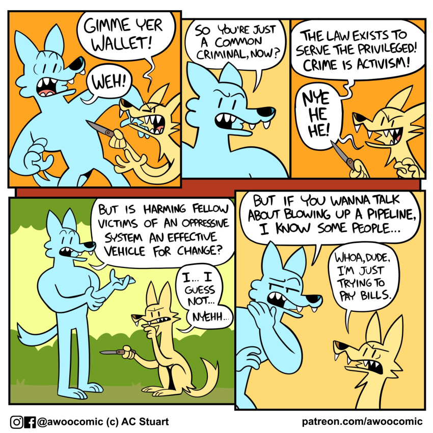 1:1 5_panel_comic ac_stuart anthro awoo_(ac_stuart) blue_body blue_fur canid canine canis cheek_tuft dialogue dot_eyes duo english_text facial_tuft fangs feral forest forest_background fur half-closed_eyes hi_res humor jeremy_(slothwolf) knife male mammal narrowed_eyes nature nature_background open_mouth open_smile orange_background plant simple_background smile speech_bubble switchblade_knife teeth text threatening tree tuft url wide_eyed wolf yellow_background yellow_body yellow_fur