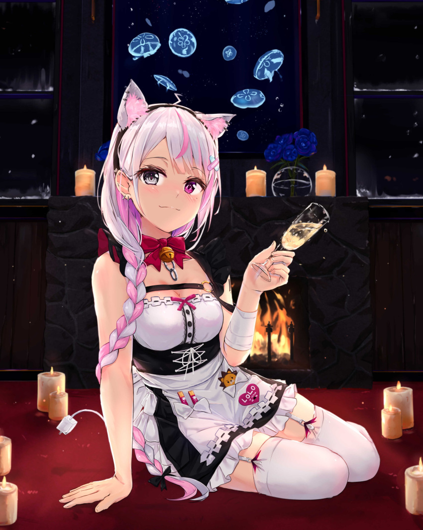 absurdres alcohol animal_ear_fluff animal_ears apron bandaged_arm bandages barcode barcode_tattoo bare_shoulders bell blush bow braid breasts cable cable_tail candle cat_ears cat_girl champagne champagne_flute charger cleavage closed_mouth cup drinking_glass earrings electric_plug electric_plug_tail female fire fireplace frills garter_straps grey_eyes hair_ornament heterochromia highres holding holding_cup indie_virtual_youtuber jellyfish jewelry jingle_bell lolo_(vtuber) long_hair looking_at_viewer maid maid_apron mechanical_tail medium_breasts multicolored_hair na_kyo pink_hair purple_eyes red_bow sitting smile solo spilling streaked_hair tail tattoo thighhighs two-tone_hair usb very_long_hair virtual_youtuber white_thighhighs