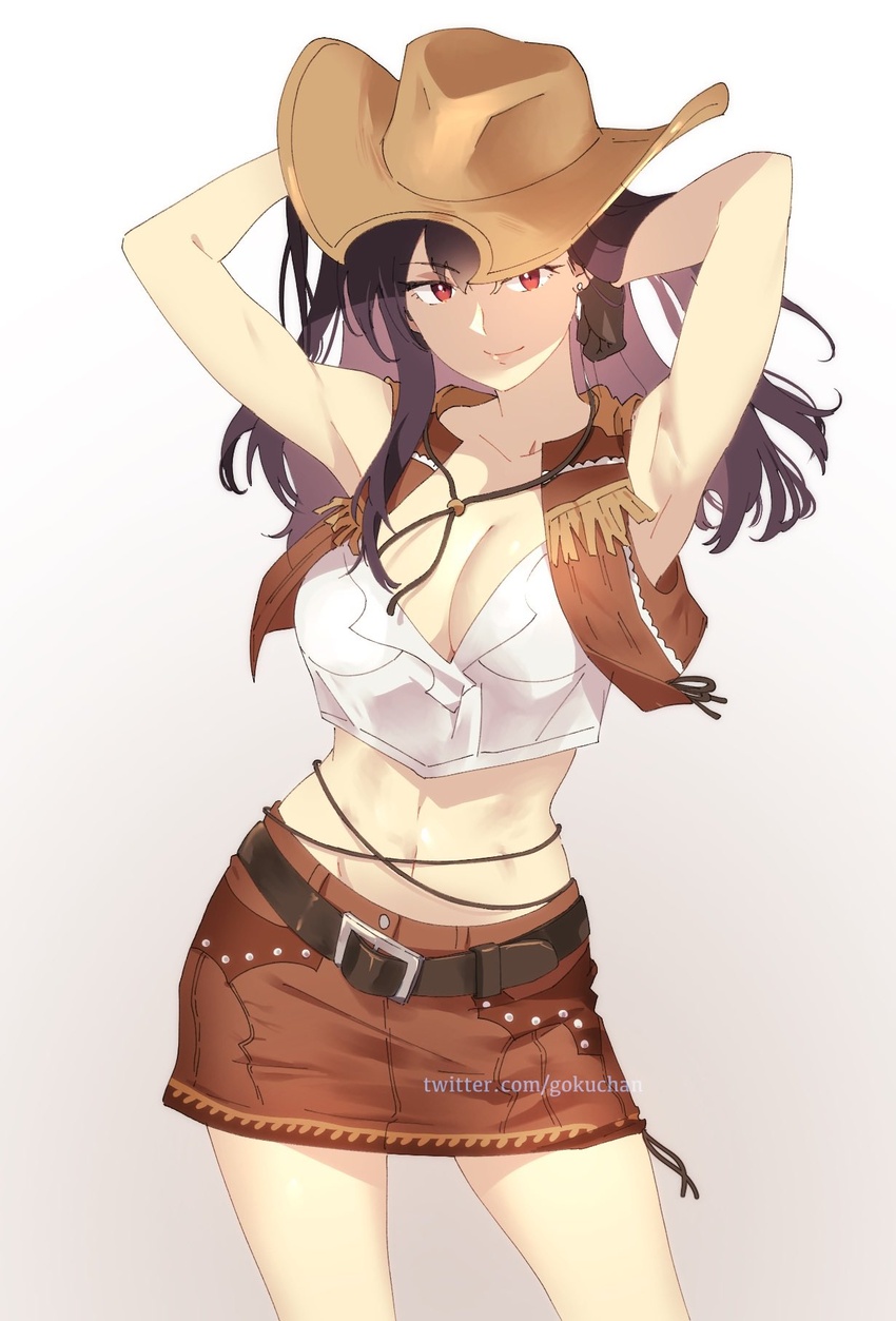 aged_down arms_behind_head bare_arms belt black_hair breasts brown_skirt brown_vest cowboy_hat cowboy_western cowgirl_(western) crop_top earrings female final_fantasy final_fantasy_vii final_fantasy_vii_remake fringe_trim goku-chan grey_background hair_between_eyes hands_in_hair hat highres jewelry large_breasts long_hair looking_at_viewer medium_hair midriff navel official_alternate_costume red_eyes shirt skirt solo tifa_lockhart tifa_lockhart_(cowgirl) upper_body vest white_shirt