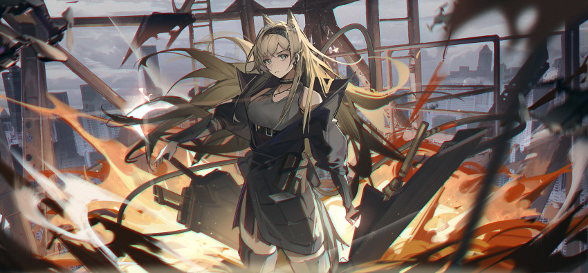 animal_ear_fluff animal_ears arknights bare_shoulders black_bag black_collar black_jacket black_thighhighs blonde_hair blue_eyes collar construction_site cowboy_shot earpiece extra_ears female fire grey_shirt hair_ornament hairclip highres horn_(arknights) jacket looking_at_viewer nagito open_clothes open_jacket originium_arts_(arknights) outdoors shield shirt sleeveless sleeveless_shirt solo thighhighs wolf_ears