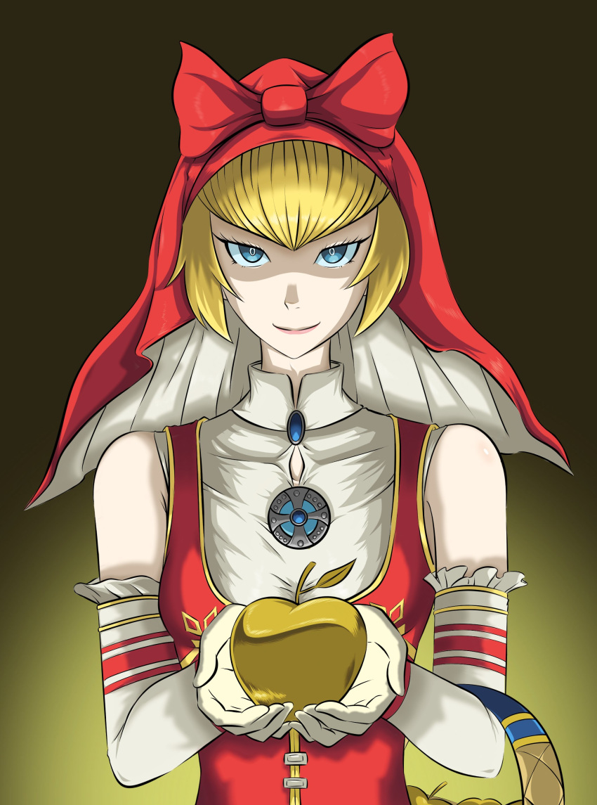 absurdres apple bare_shoulders basket blonde_hair blue_eyes cupping_hands dark_background dress elbow_gloves emblem ememtrp female food frills fruit gloves gold_trim golden_apple highres hood idunn_(megami_tensei) jewelry looking_at_viewer md5_mismatch own_hands_together pale_skin red_dress resolution_mismatch shin_megami_tensei shin_megami_tensei_v short_hair simple_background smile solo source_smaller striped