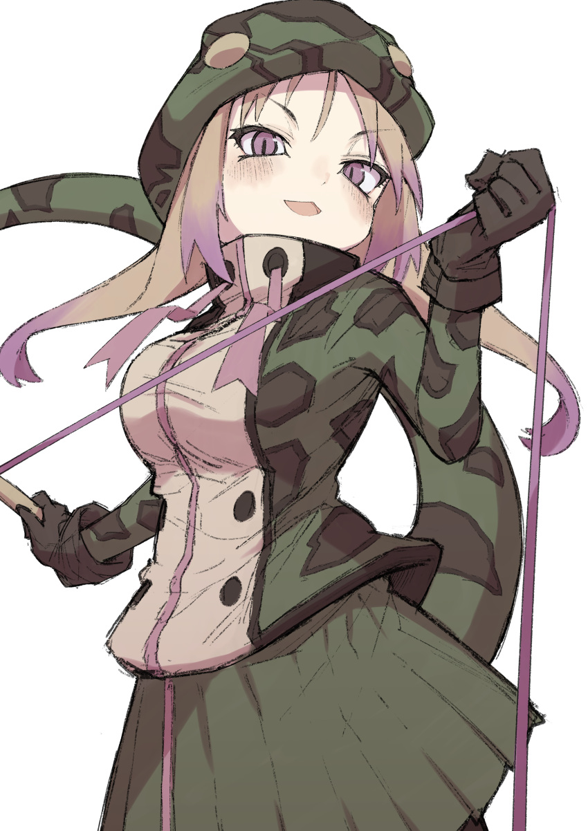 :3 absurdres african_rock_python_(kemono_friends) alenka black_gloves blonde_hair blush cowboy_shot drawstring female gloves gradient_hair green_skirt highres hood hood_up hoodie kemono_friends long_hair long_sleeves looking_at_viewer looking_down multicolored_hair open_mouth pleated_skirt print_hoodie purple_eyes purple_hair skirt smug snake_print snake_tail solo tail whip