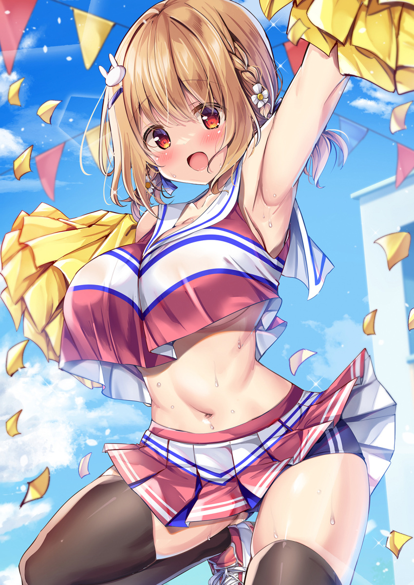 armpits black_thighhighs blush braid breasts brown_hair buruma buruma_under_skirt cheerleader commentary_request confetti cowboy_shot crop_top crop_top_overhang female highres holding holding_pom_poms kurou_(quadruple_zero) large_breasts looking_at_viewer midriff navel open_mouth orange_eyes original pleated_skirt pom_pom_(cheerleading) red_eyes skirt sky smile solo sunshine_creation thighhighs underboob upskirt