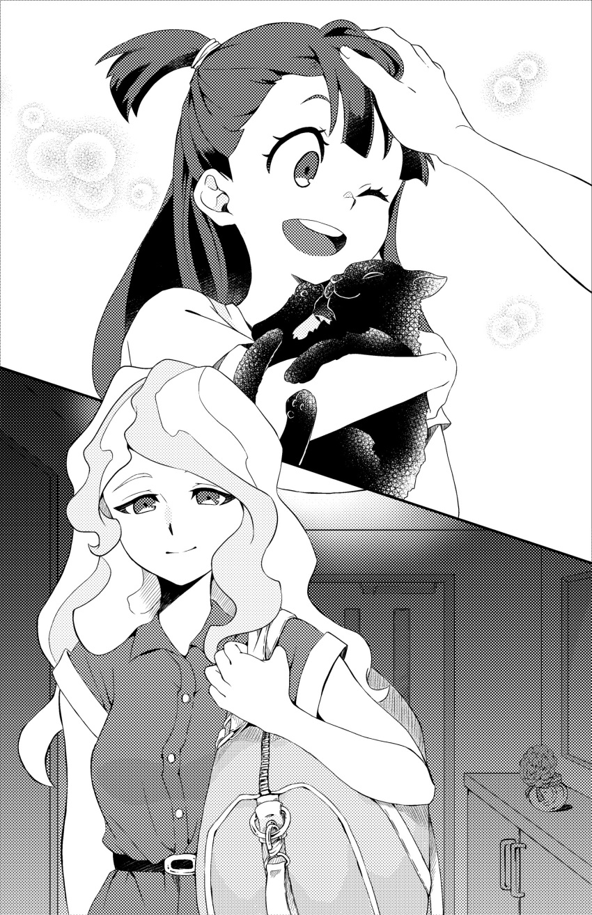 2girls alternate_costume bag cabinet collared_shirt couple diana_cavendish door feline greyscale hand_on_another's_head happy highres kagari_atsuko lifting_animal lifting_person little_witch_academia long_hair looking_at_another mirror mochirou_(giri_choco_inverse) monochrome multiple_girls pet shirt sleeveless sleeveless_shirt smile wavy_hair yuri