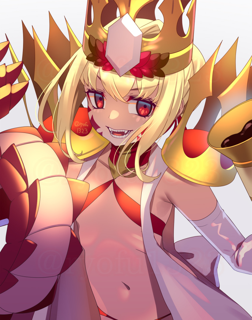 ahoge bikini blonde_hair braid breasts chalice criss-cross_halter crown cup dragon_claw dragon_tail elbow_gloves facial_mark fangs fate/grand_order fate_(series) female french_braid gloves gold_crown hair_bun hair_intakes hair_ribbon halterneck highres long_hair looking_at_viewer navel nero_claudius_(fate) open_clothes open_mouth pointed_crown pretzel_bikini queen_draco_(fate) queen_draco_(second_ascension)_(fate) red_bikini red_eyes red_ribbon ribbon robe ryofuhiko scales small_breasts smile solo swimsuit tail white_gloves white_robe