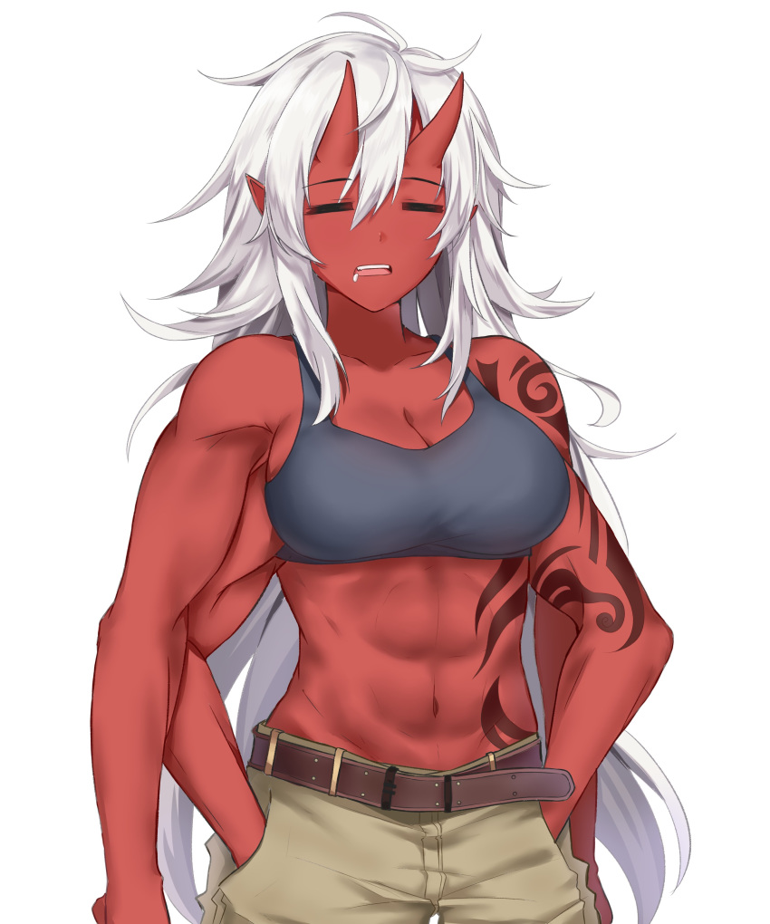 abs absurdres akane_(existence) bare_arms belt black_tank_top breasts closed_eyes collarbone colored_skin commentary_request dinosaurus_(azimangasaurus) existence extra_arms facing_viewer female game_cg hair_between_eyes hands_in_pockets highres horns large_breasts long_hair midriff monster_girl muscular muscular_female navel obliques oni oni_horns open_mouth orange_eyes pants pocket pointy_ears red_oni red_skin saliva shirt sidelocks simple_background smile solo standing tank_top tattoo upper_body white_background white_hair