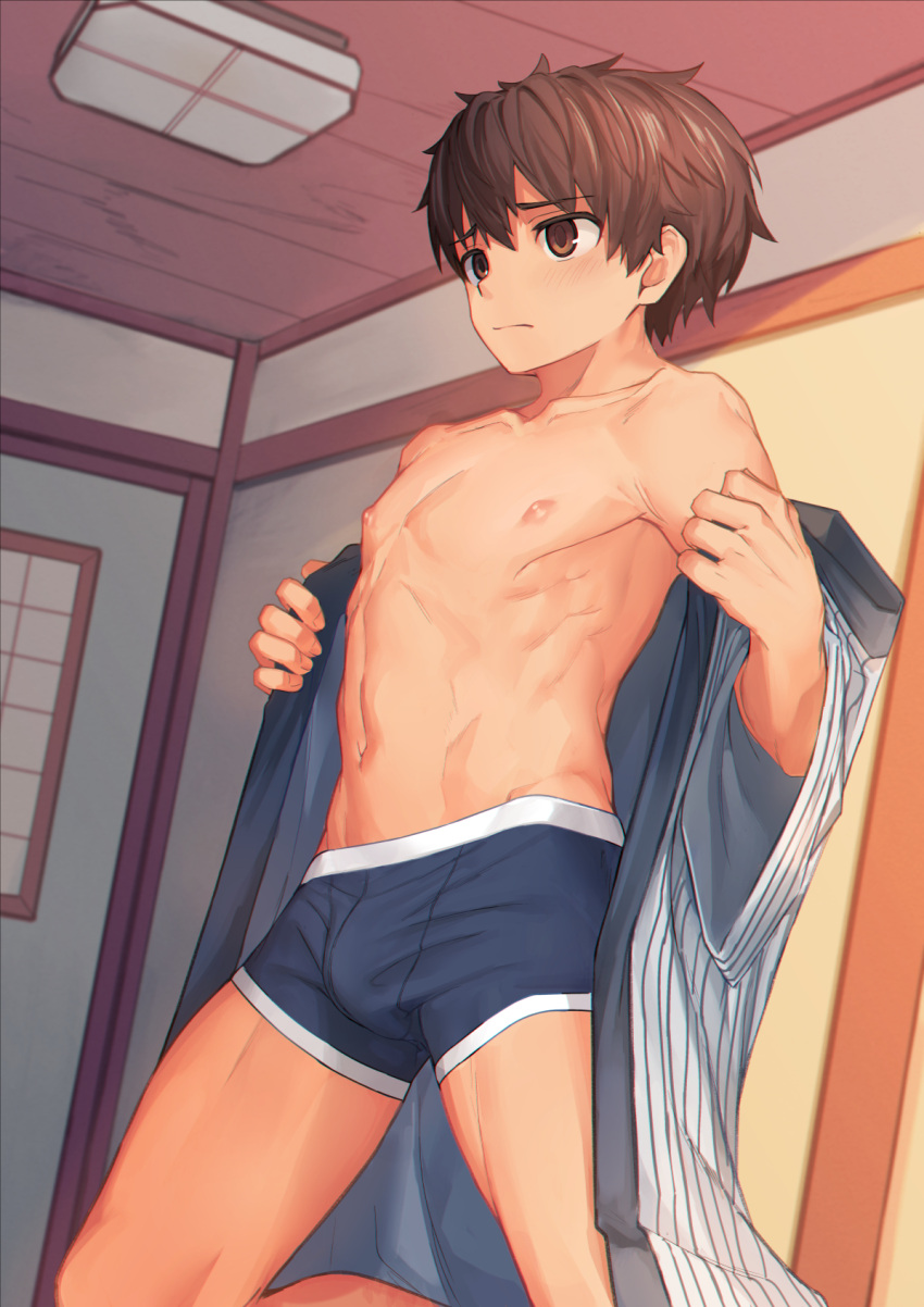 1boy :/ bare_pectorals bare_shoulders blue_male_underwear blush boxer_briefs brown_eyes brown_hair bulge collarbone hands_up highres indoors japanese_clothes kimono kneeling male_focus male_underwear navel nayoshi_(r-744) nipples off_shoulder open_clothes open_kimono original pectorals short_hair solo striped_clothes striped_kimono underwear undressing vertical_stripes wide_sleeves yukata