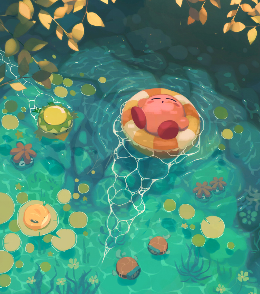 afloat blipper blush_stickers caustics closed_eyes commentary_request from_above glunk_(kirby) highres innertube kapar_(kirby) kappa kirby kirby_(series) leaf lily_pad no_humans outdoors ripples slippy_(kirby) suyasuyabi swim_ring swimming water