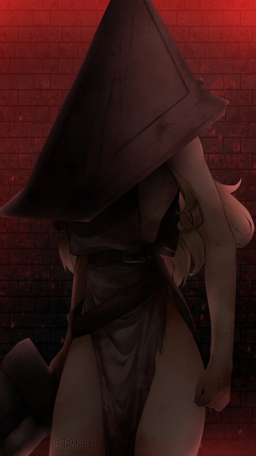 blonde_hair breasts brown_robe commentary cosplay english_commentary female highres iowa_(kancolle) kantai_collection kazaharu_matsuhata large_breasts long_hair naked_robe pyramid_head pyramid_head_(cosplay) robe silent_hill_(series) sleeveless solo standing twitter_username very_long_hair