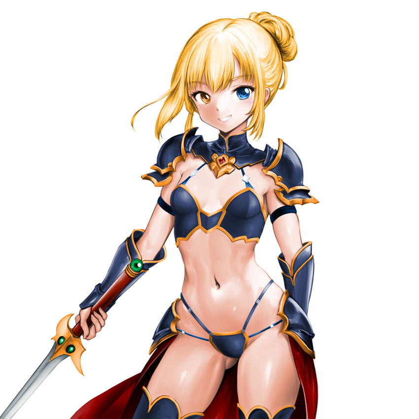 arm_guards armor bikini bikini_armor blonde_hair blue_armor blue_bikini blue_eyes blue_thighhighs breasts cleavage female gem grin hair_bun heterochromia highres holding holding_sword holding_weapon looking_at_viewer midriff minamoto80486 navel orange_eyes red_gemstone ringed_eyes short_hair shoulder_armor simple_background single_hair_bun small_breasts smile solo swimsuit sword teeth thighhighs waist_cape weapon white_background wizardry