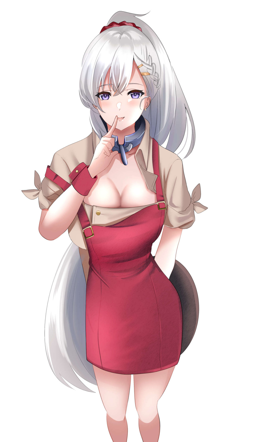 absurdres apron arm_behind_back azur_lane belfast_(azur_lane) belfast_(piping-hot_perfection)_(azur_lane) braid breasts brown_shirt cleavage commentary earrings female finger_to_mouth french_braid green_hair hair_ribbon highres jewelry long_hair looking_at_viewer medium_breasts official_alternate_costume open_mouth ponytail purple_eyes red_apron red_ribbon ribbon shirt solo standing white_background yoru_(77957792)