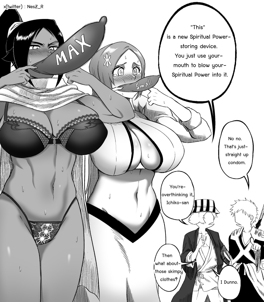 2boys 2girls @_@ absurdres bleach blowing blush bra breasts cleavage condom condom_balloon dark-skinned_female dark_skin english_text engrish_text greyscale hair_ornament hat highres inoue_orihime japanese_clothes kurosaki_ichigo lace lace-trimmed_bra lace_panties lace_trim large_breasts left-to-right_manga lingerie long_hair monochrome multiple_boys multiple_girls nesz_r panties ponytail ranguage shihouin_yoruichi short_hair sweat tears underwear urahara_kisuke