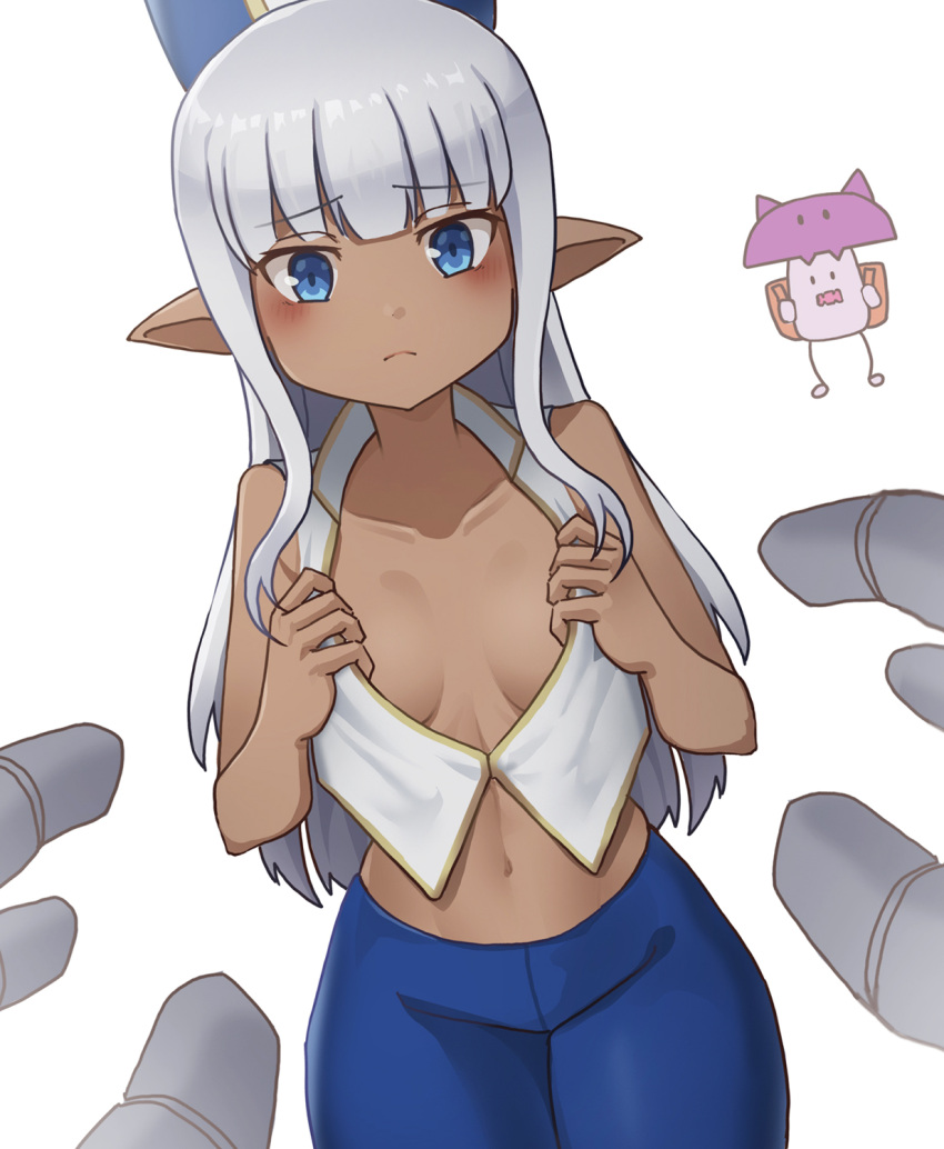 altargaia_(kono_healer_mendokusai) alvin_(kono_healer_mendokusai) backpack bag bare_arms blue_eyes blue_pants blunt_bangs blush breasts cleavage closed_mouth collarbone commentary_request cowboy_shot dark-skinned_female dark_skin dutch_angle elf female grey_hair hands_on_own_chest hands_up highres karla_(kono_healer_mendokusai) kono_healer_mendokusai long_hair looking_at_viewer medium_breasts navel pants pointy_ears simple_background solo_focus standing stomach vest white_background white_vest william23784331