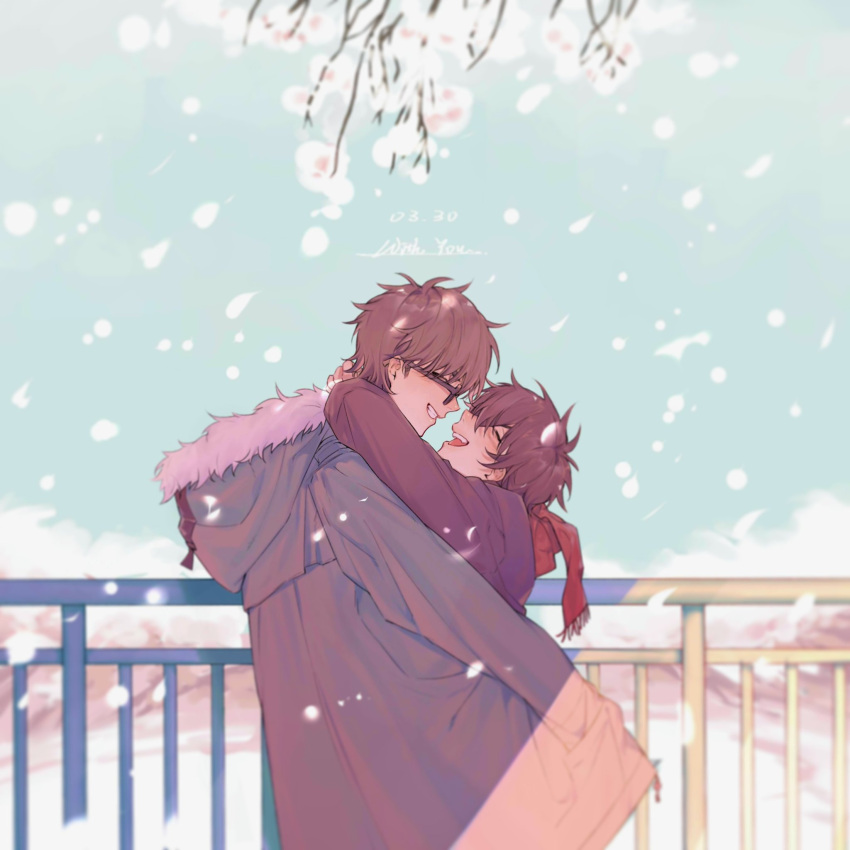 2boys ace_of_diamond blue_jacket brown_hair closed_eyes coat couple day falling_petals flower fur-trimmed_hood fur_trim glasses green_coat hands_on_another's_shoulders highres hood hood_down hooded_coat hug iiiki_4u jacket male_focus miyuki_kazuya multiple_boys open_mouth outdoors petals red_scarf sawamura_eijun scarf short_hair sky smile teeth white_flower yaoi