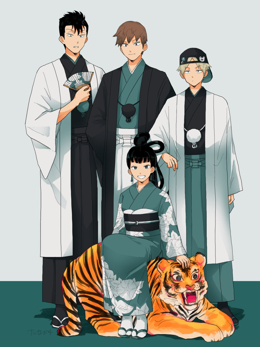 3boys aqua_kimono aqua_skirt aqua_theme arafune_tetsuji backwards_hat badge baseball_cap black_coat black_hakama black_headwear black_legwear blunt_bangs brown_hair button_badge chinese_zodiac coat earrings female floral_print folding_fan full_body furisode grey_background hair_rings hakama hakama_skirt hand_fan hanzaki_yoshito haori haori_himo hat highres hokari_atsushi holding holding_fan holding_stuffed_toy japanese_clothes jewelry kagami_rin kimono long_hair long_sleeves looking_at_another looking_at_viewer looking_away looking_down multiple_boys new_year obi rism02682 sandals sash short_hair sitting skirt smile standing stuffed_animal stuffed_tiger stuffed_toy tabi white_coat white_hakama white_legwear wide_sleeves world_trigger year_of_the_tiger zouri