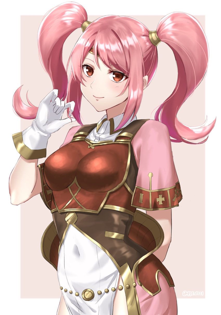 arm_behind_back armor bad_id bad_twitter_id boobplate breastplate closed_mouth collared_dress covered_navel dress female fire_emblem fire_emblem_echoes:_shadows_of_valentia gloves highres holding holding_own_hair long_hair mae_(fire_emblem) red_eyes shinae short_sleeves simple_background smile solo twintails upper_body white_gloves