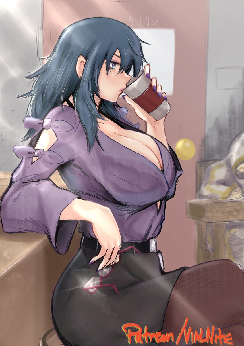 1boy alternate_costume artist_name belt belt_buckle black_belt blue_hair breasts buckle byleth_(female)_(fire_emblem) byleth_(fire_emblem) classroom cleavage commentary cup desk door drinking english_commentary female fire_emblem fire_emblem:_three_houses glasses highres hood large_breasts lips long_hair pantyhose patreon_username purple_nails purple_shirt semi-rimless_eyewear shirt sitting teacher teacher_and_student under-rim_eyewear vialnite