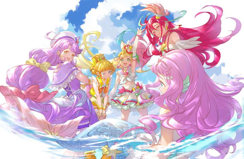 5girls :d ;) arm_up beret blonde_hair blue_eyes blue_sky cloud colored_eyelashes commentary_request cure_coral cure_flamingo cure_papaya cure_summer day hat hoshi_(xingspresent) ichinose_minori laura_la_mer laura_la_mer_(mermaid) long_hair looking_at_viewer magical_girl mermaid midriff mismatched_eyelashes monster_girl multicolored_hair multiple_girls natsuumi_manatsu one_eye_closed open_mouth partially_submerged pink_hair precure purple_hair red_eyes red_hair skirt sky smile suzumura_sango takizawa_asuka tropical-rouge!_precure water white_headwear white_skirt yellow_eyes