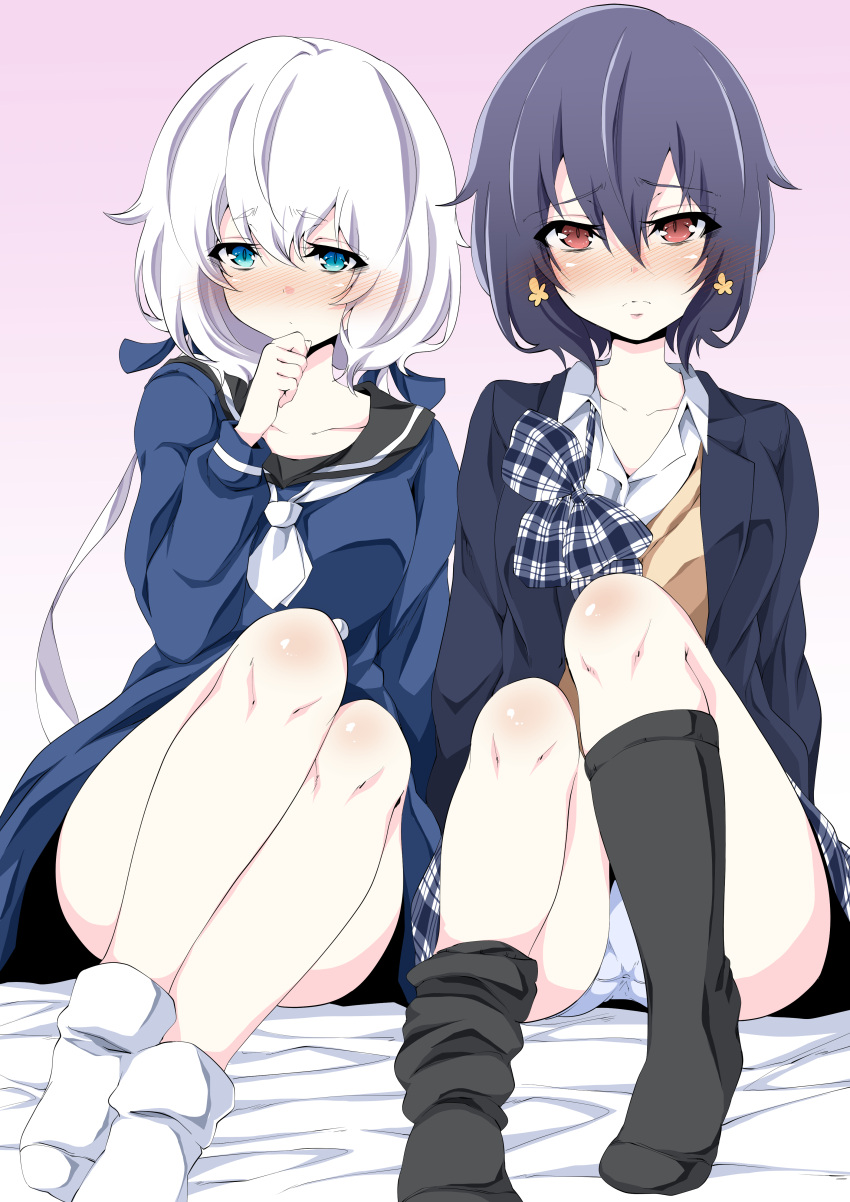 2girls absurdres bare_legs black_dress black_hair black_legwear black_sailor_collar blazer blue_bow blue_bowtie blue_eyes blush bow bowtie commentary_request dress gradient_background hair_ornament highres jacket kneehighs knees_up konno_junko long_hair looking_at_viewer low_twintails ma-yu miniskirt mizuno_ai multiple_girls neckerchief panties pink_background plaid plaid_bow plaid_bowtie plaid_skirt red_eyes sailor_collar sailor_dress school_uniform short_dress short_hair sitting skirt socks thighs twintails underwear white_hair white_neckerchief white_panties white_socks zombie_land_saga